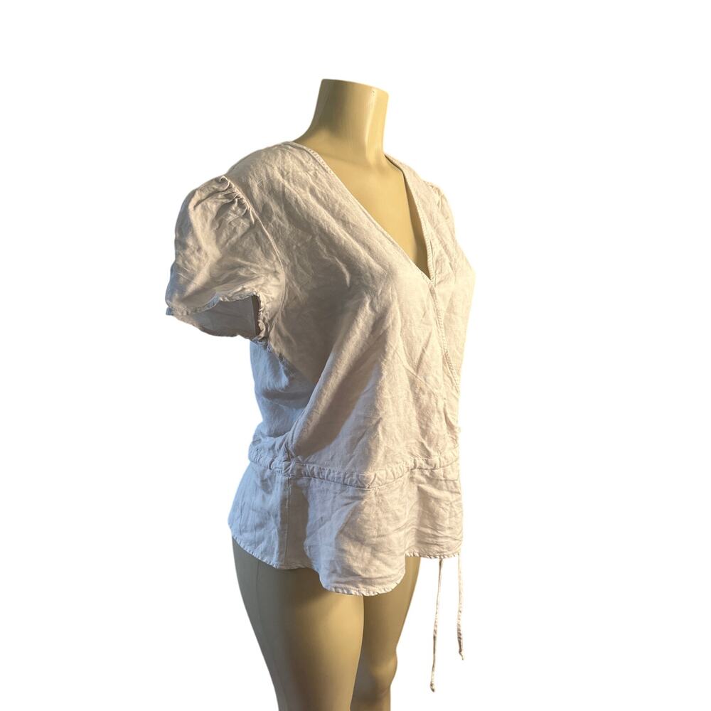 Women L Cloth & Stone Wrap Tie Blouse Shirt Top Linen Blend Cream Short Slv